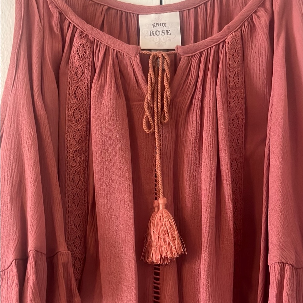 Flowy Ruffle Cold Shoulder Top in Rust - Picture 2 of 5
